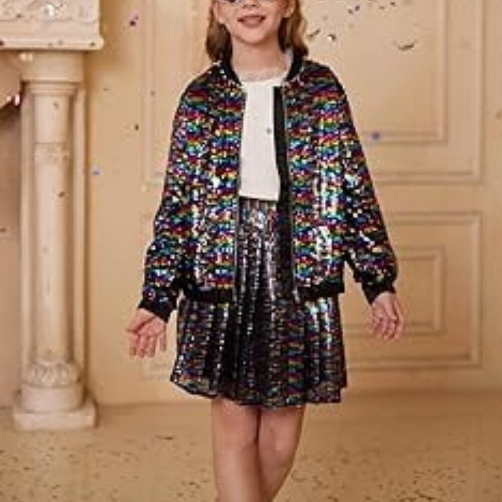 NWT H&M Sequin Bomber Jacket & Skirt 2 pc Set Purple Ombre Girls 8